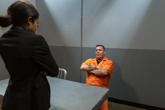 Prisoner in orange uniform and lawyer in conversation during interrogation.